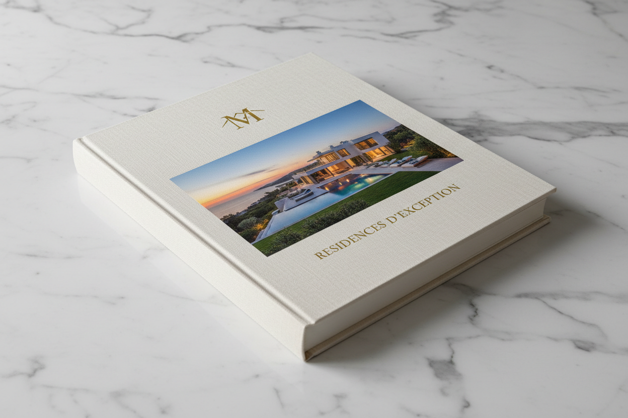 Large, high-res image of a real estate physical monograph on a marble table.